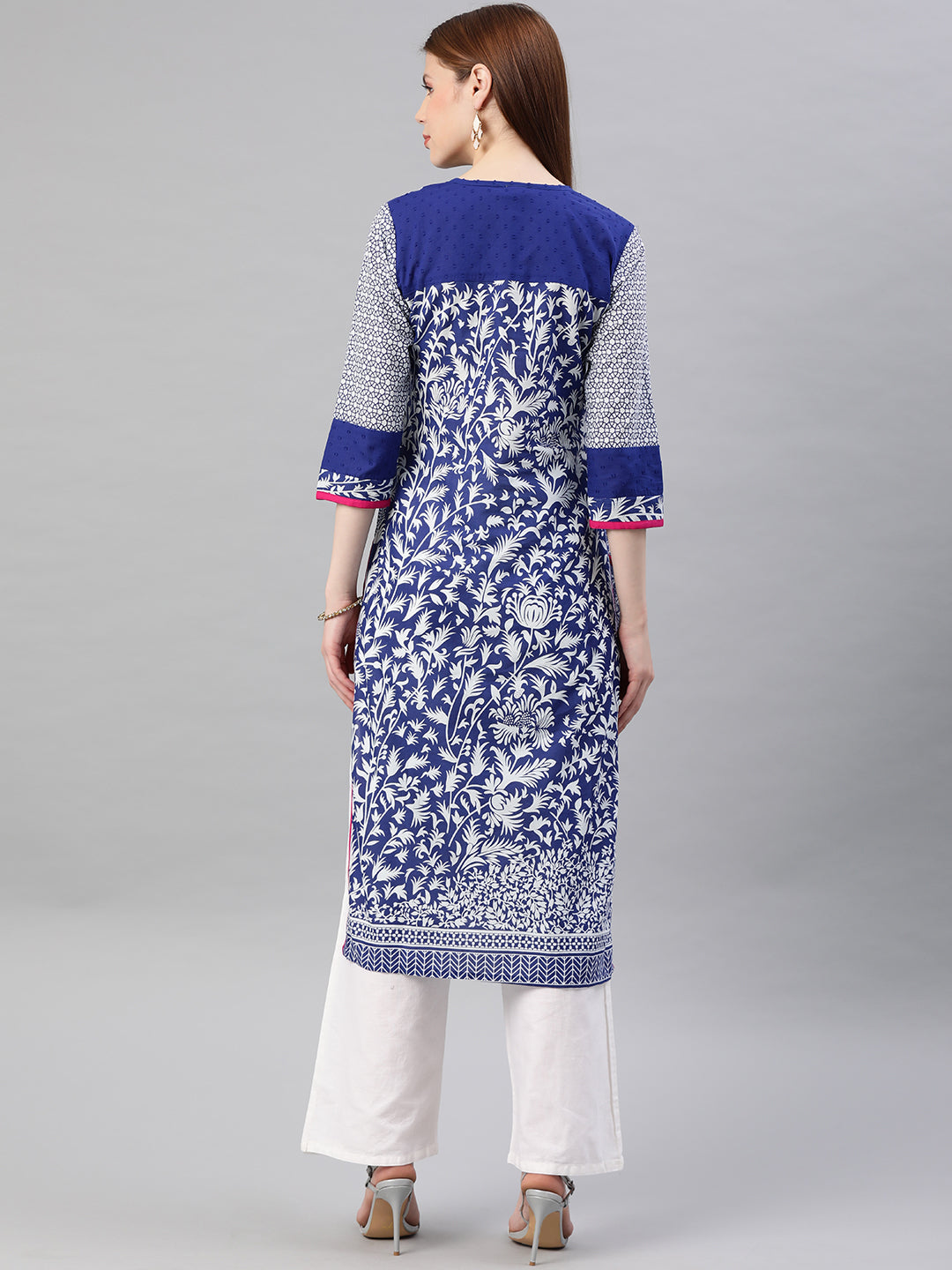 Blue Embroidered Straight Cotton Kurta