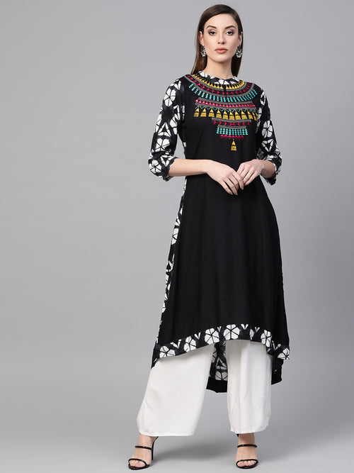 Black Hand Embroidered A-Line Rayon Sustainable Kurta