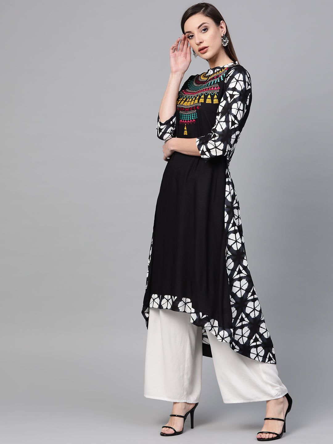 Black Hand Embroidered A-Line Rayon Sustainable Kurta