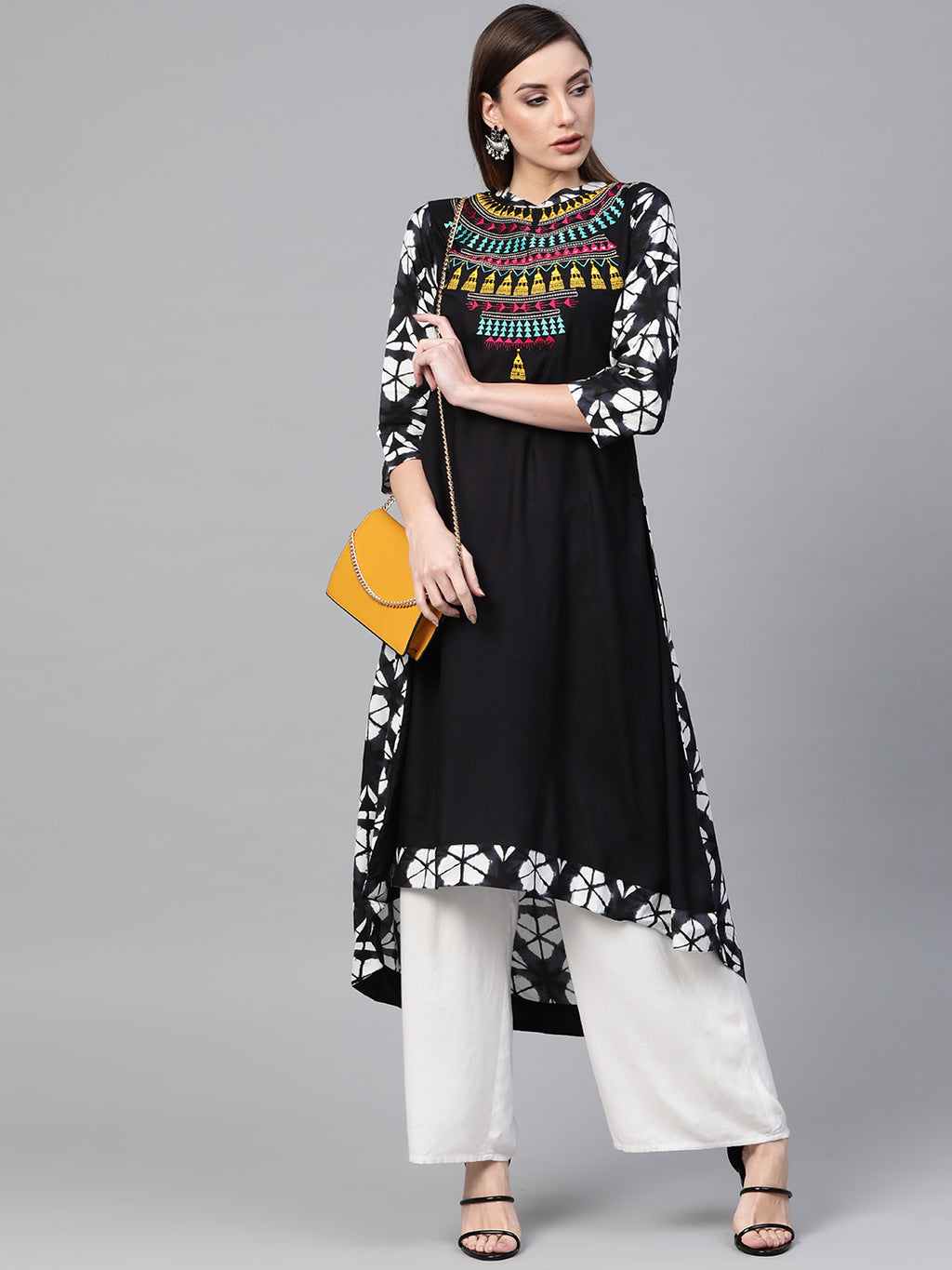 Black Hand Embroidered A-Line Rayon Sustainable Kurta