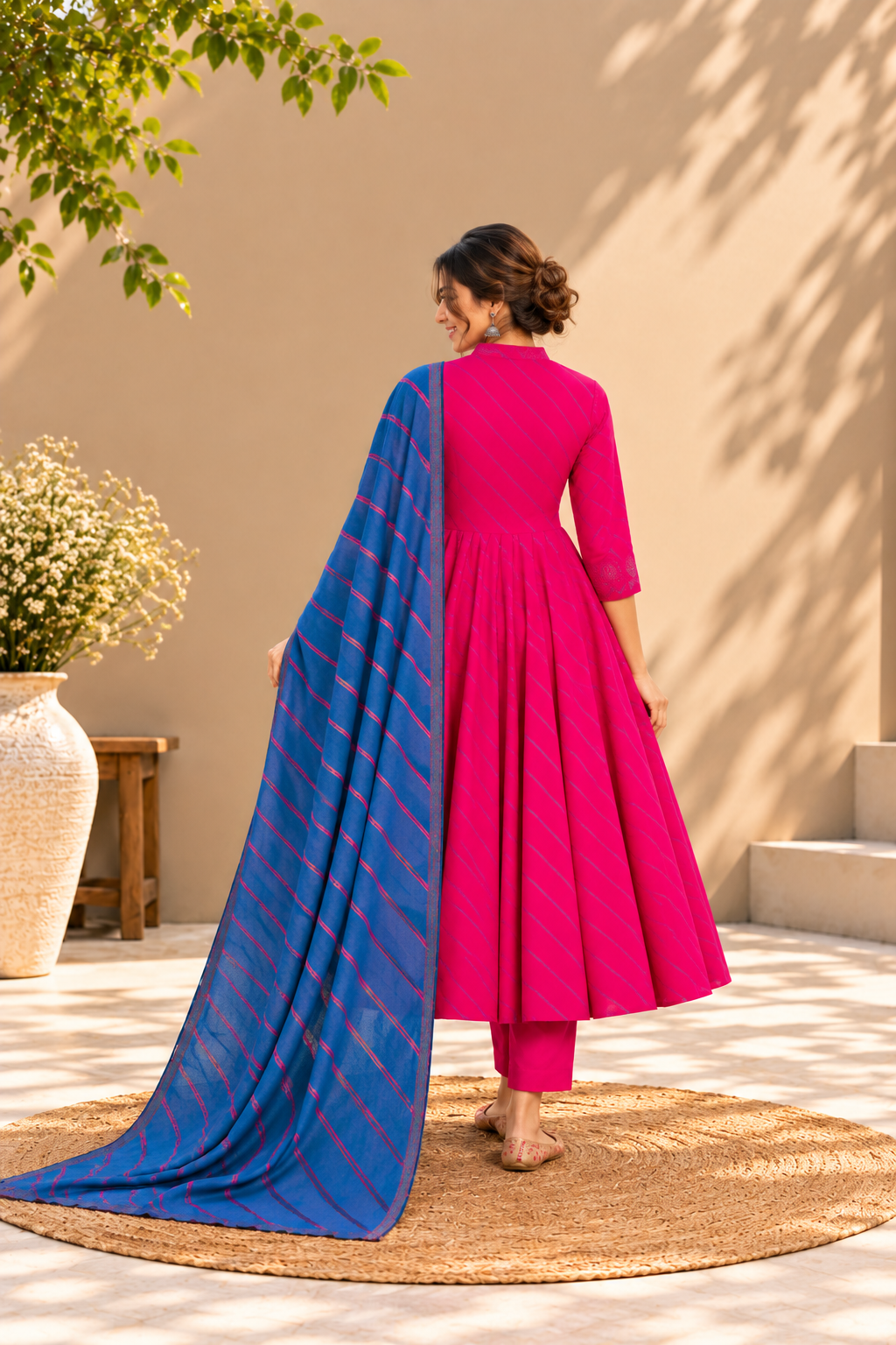 Pink Leheriya Pure Cotton Chanderi 3-Piece Kurta Set