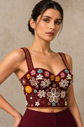Wine Maroon Hand Embroidered Designer Corset Blouse
