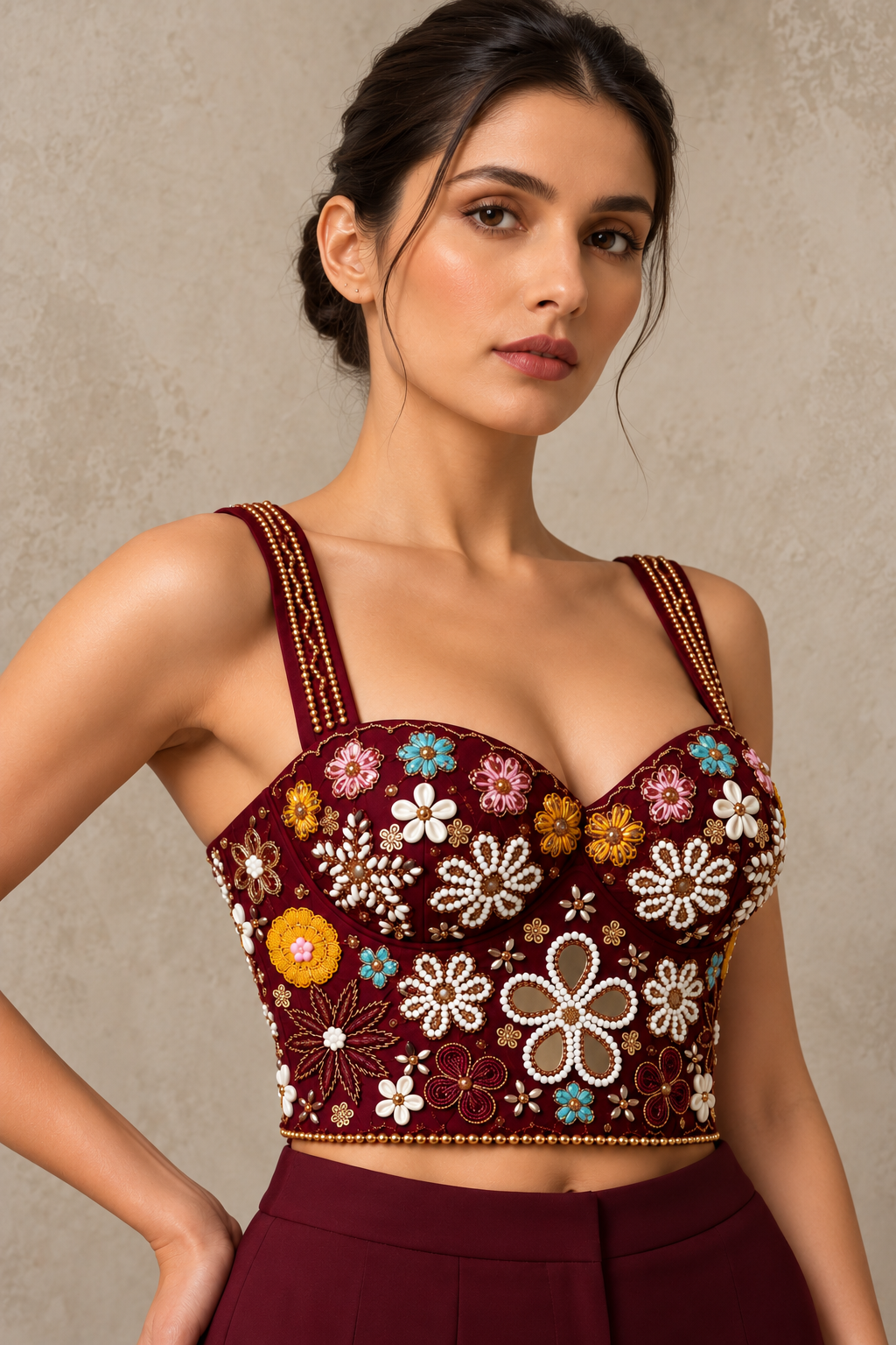 Wine Maroon Hand Embroidered Designer Corset Blouse