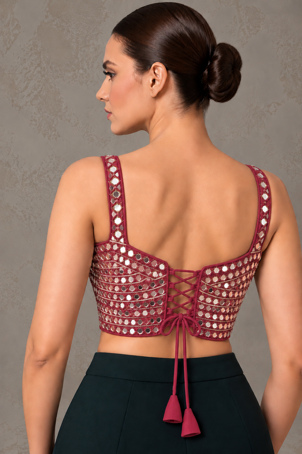 Maroon Hand Embroidered Mirror Work Corset Blouse