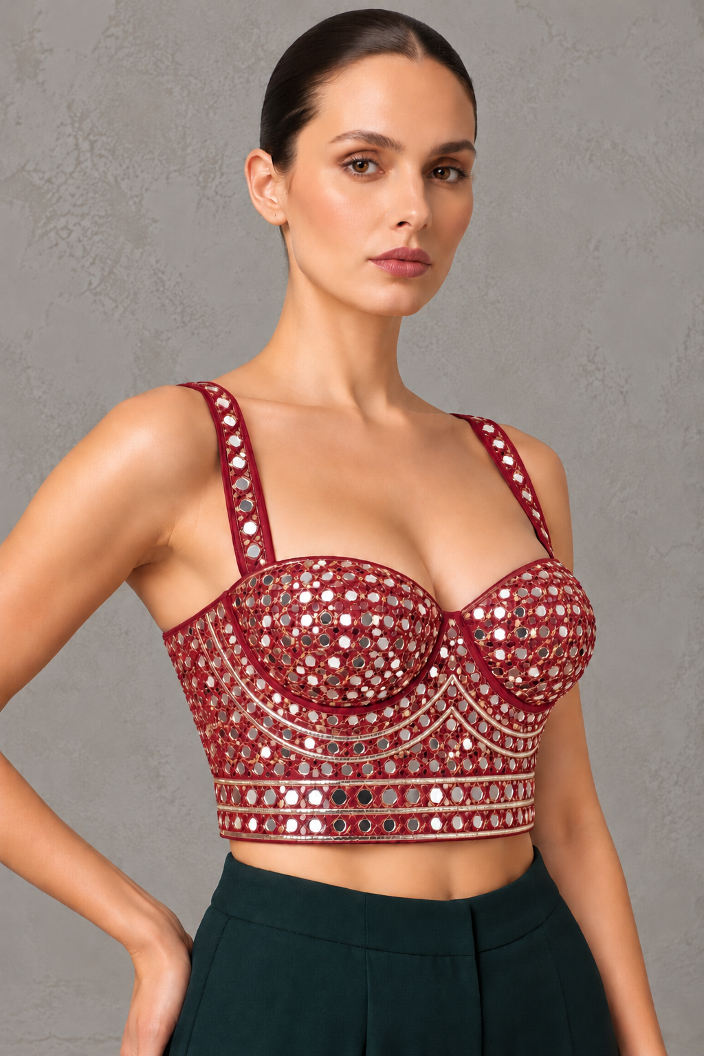 Maroon Hand Embroidered Mirror Work Corset Blouse