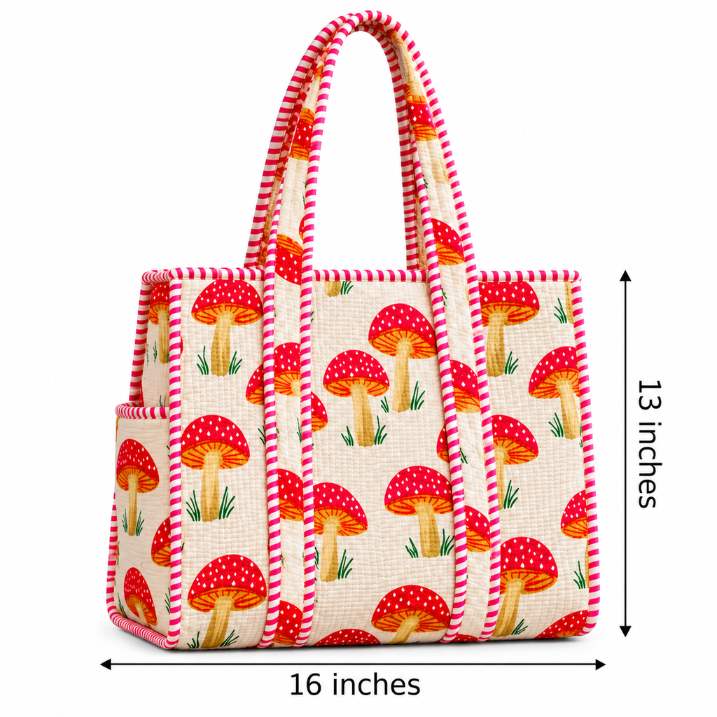 White & Pink Mushroom Print Quilted Tote Bag