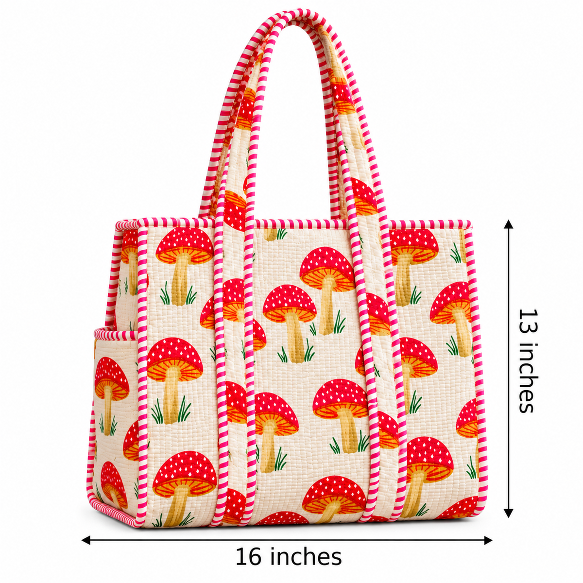 White & Pink Mushroom Print Quilted Tote Bag