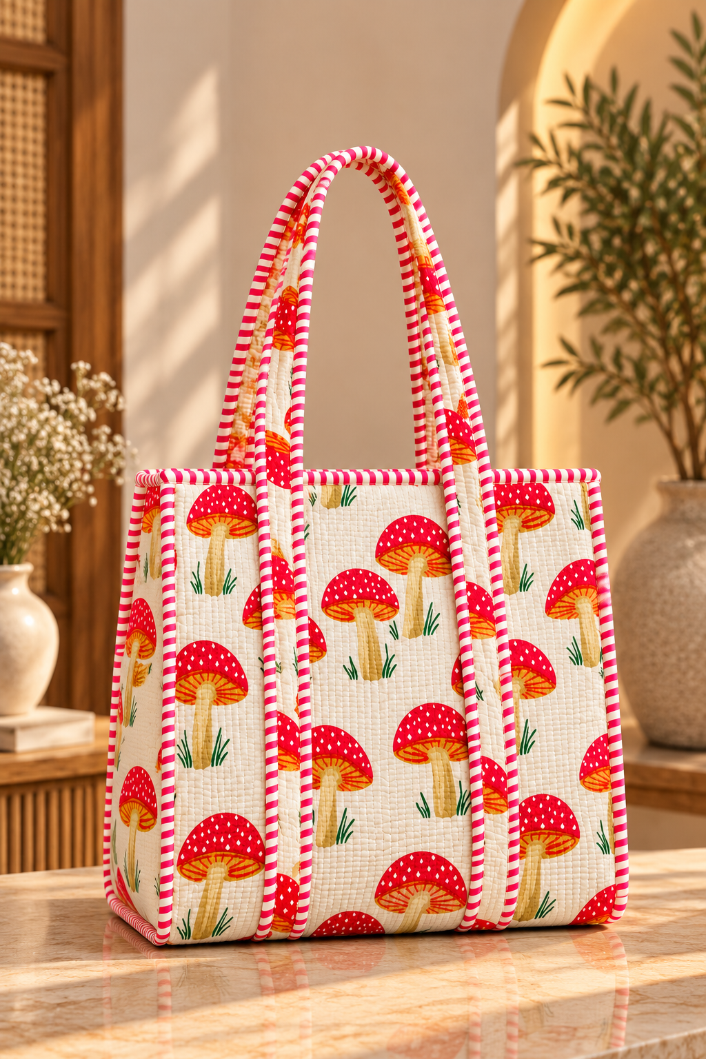 White & Pink Mushroom Print Quilted Tote Bag