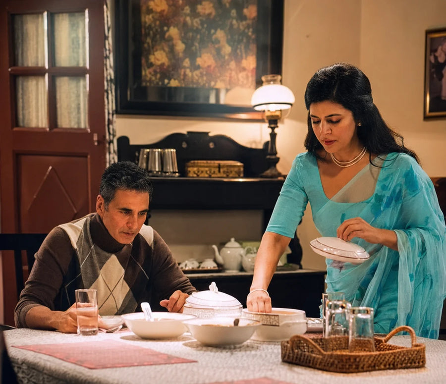 Nimrat Kaur In Blue Hand-Painted Chiffon Saree With Mukaish Work
