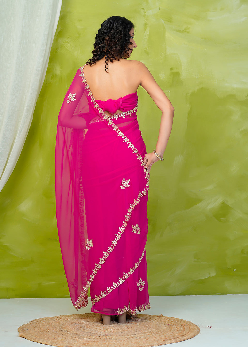 Pink Hand Embellished Chiffon Saree