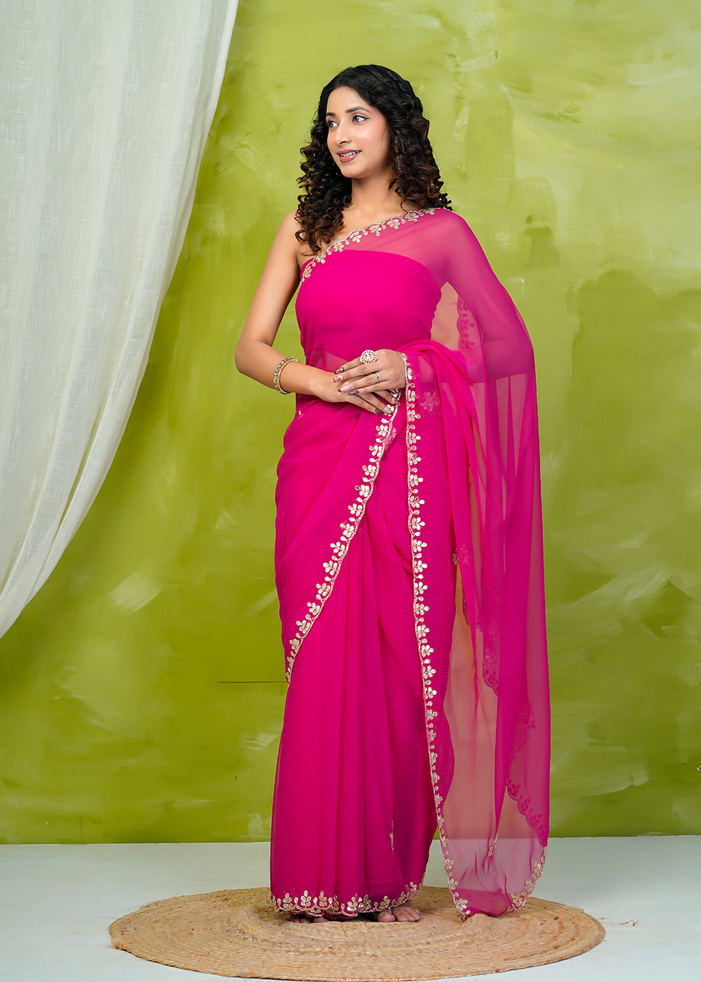 Pink Hand Embellished Chiffon Saree