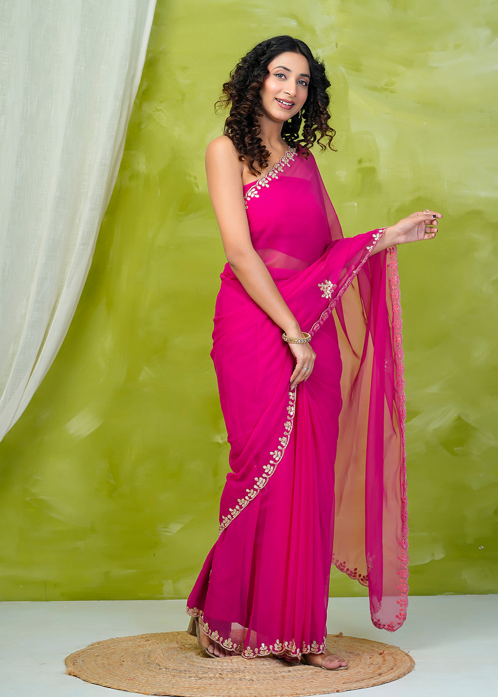 Pink Hand Embellished Chiffon Saree