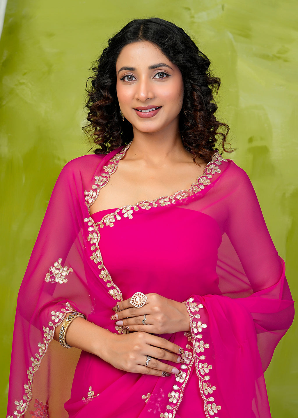 Pink Hand Embellished Chiffon Saree