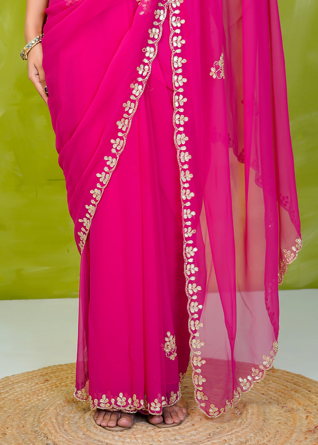 Pink Hand Embellished Chiffon Saree