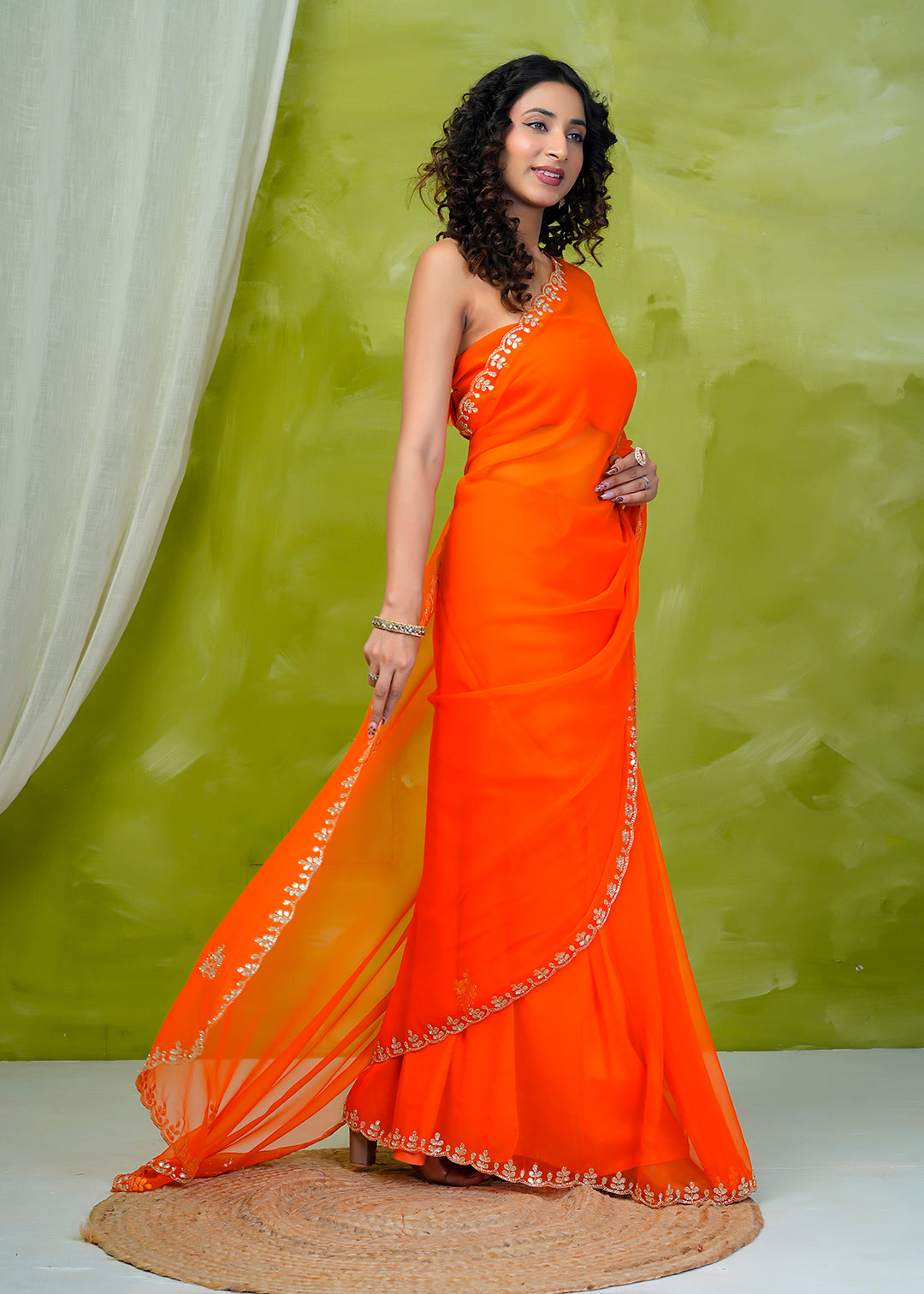 Orange Hand Embellished Chiffon Saree