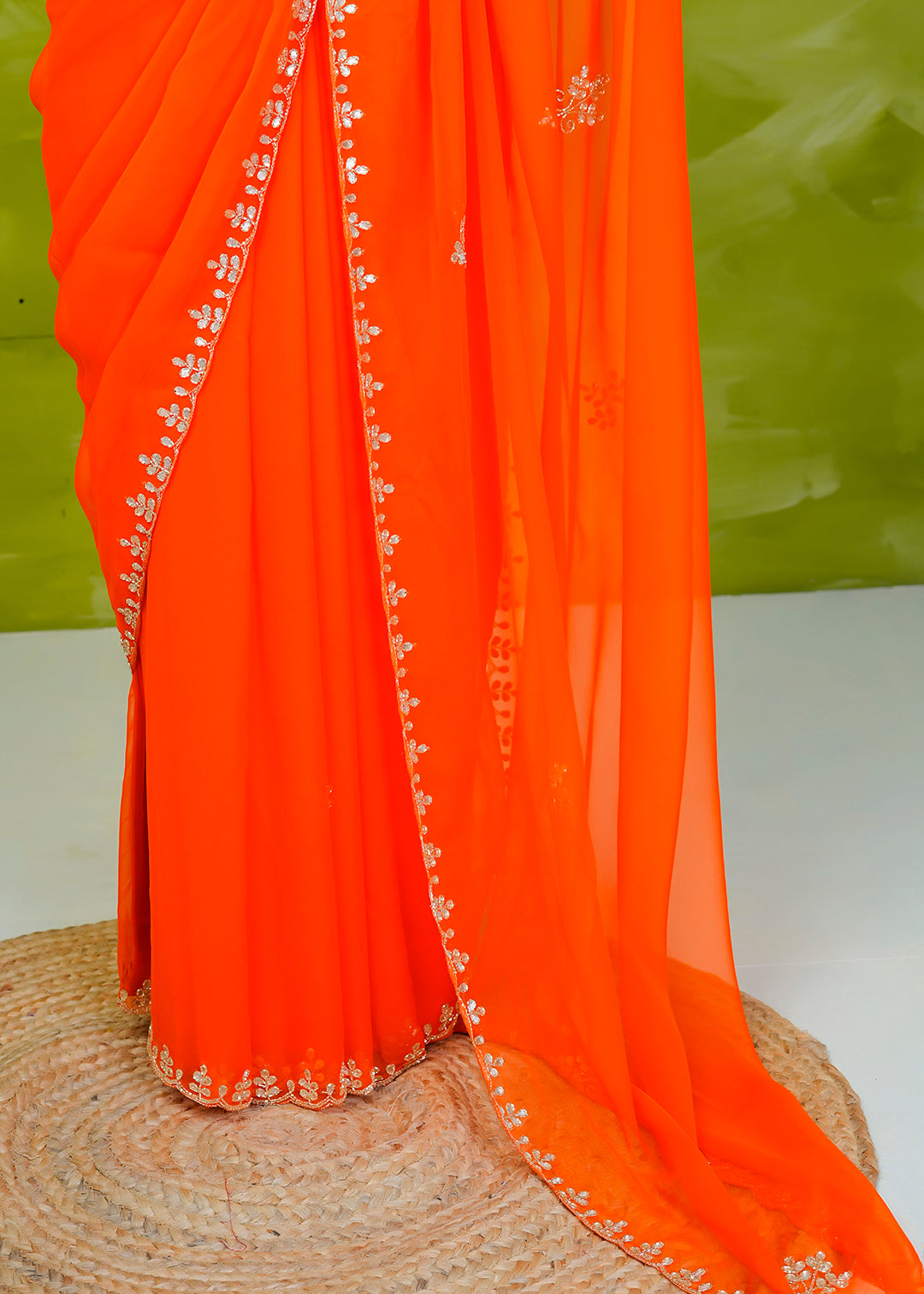 Orange Hand Embellished Chiffon Saree