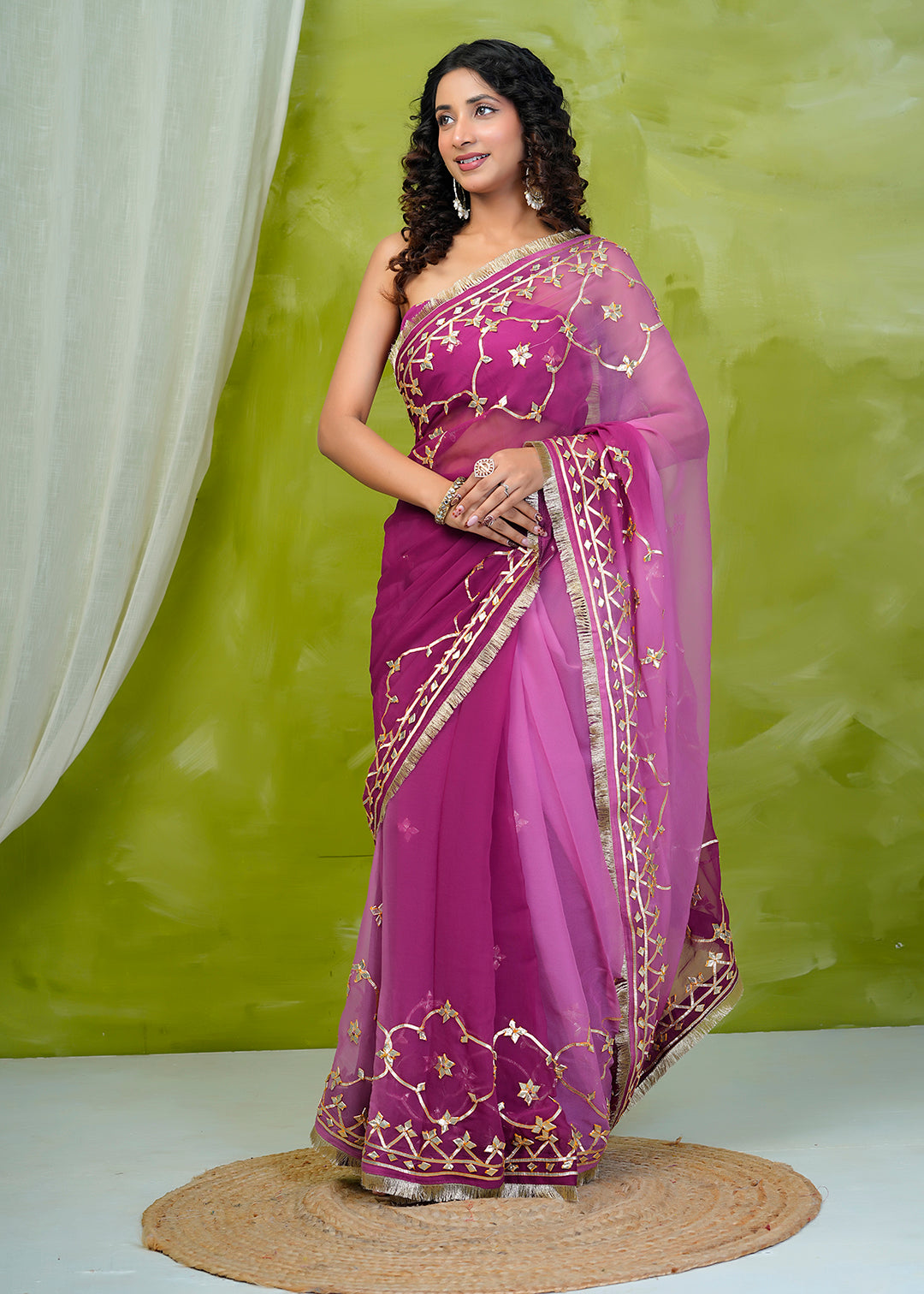 Pink Shaded Chiffon Saree with Gota Patti Jaal Work