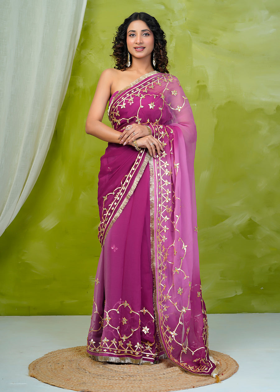 Pink Shaded Chiffon Saree with Gota Patti Jaal Work