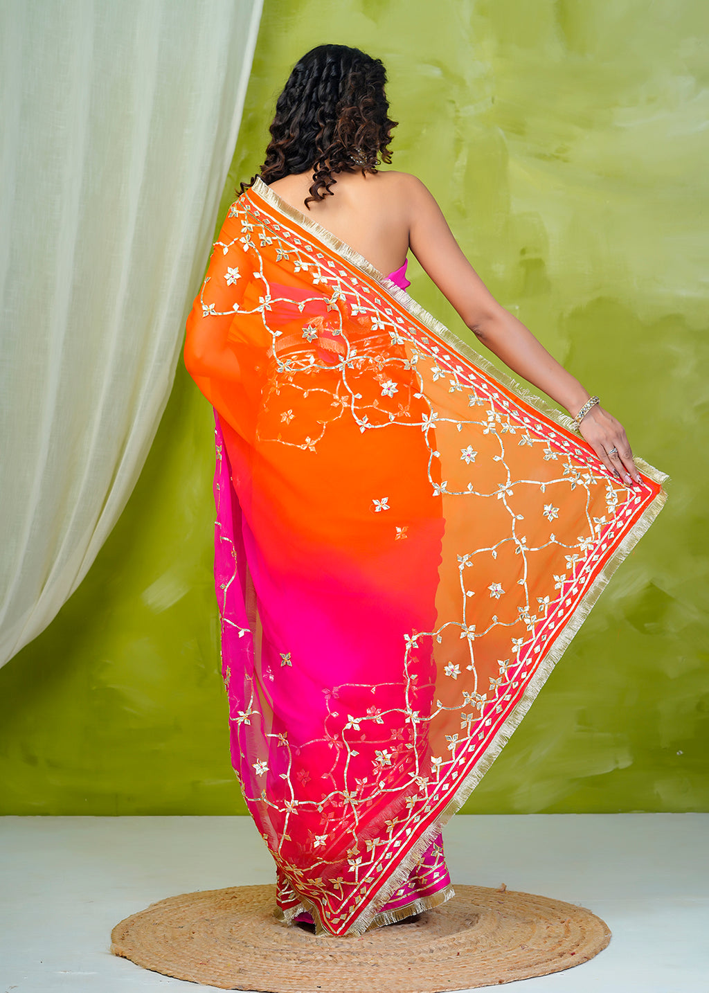 Pink & Orange Shaded Chiffon Saree with Gota Patti Jaal Work