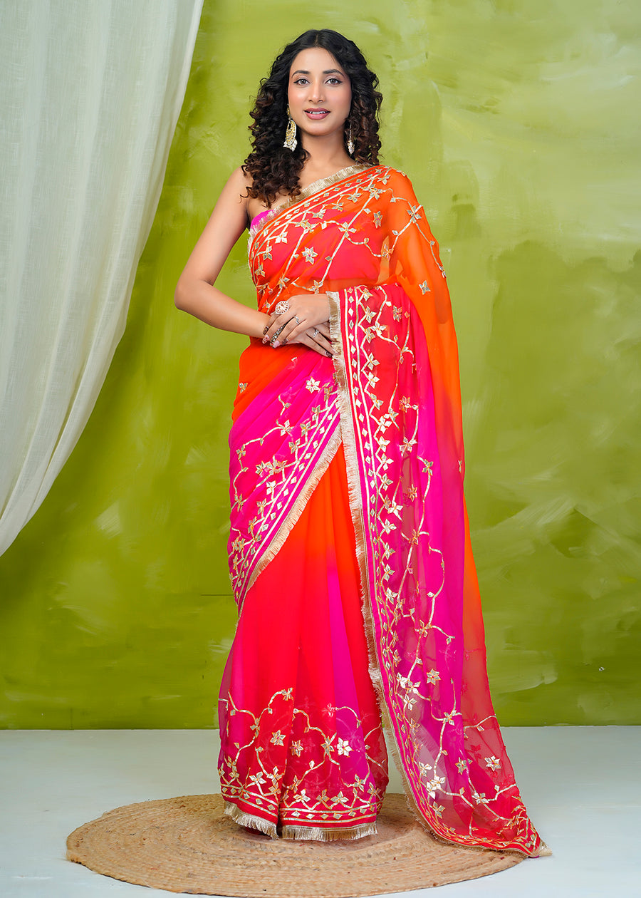 Pink & Orange Shaded Chiffon Saree with Gota Patti Jaal Work