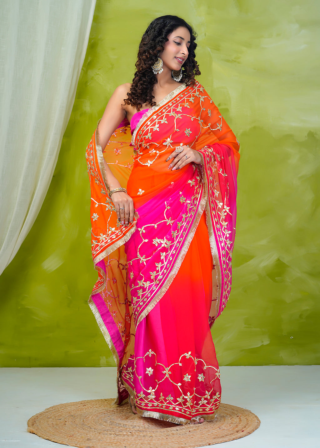 Pink & Orange Shaded Chiffon Saree with Gota Patti Jaal Work