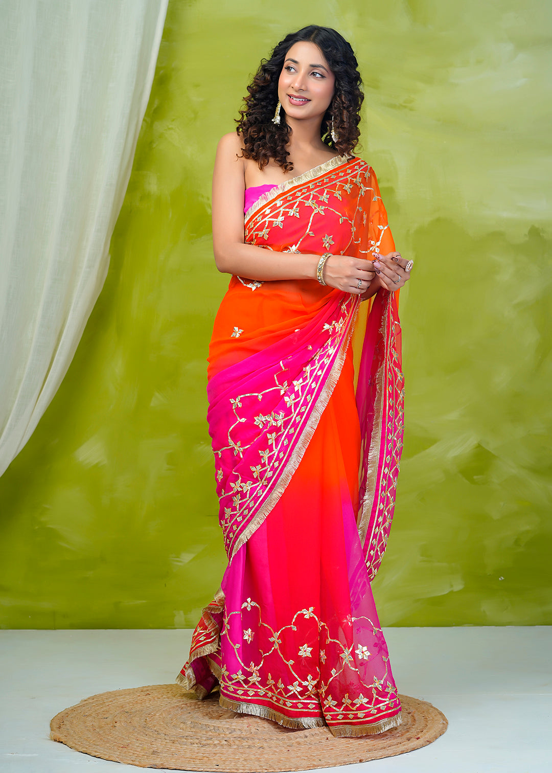 Pink & Orange Shaded Chiffon Saree with Gota Patti Jaal Work