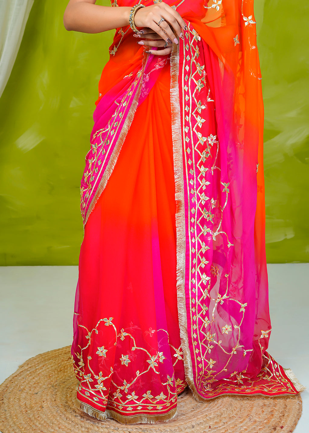 Pink & Orange Shaded Chiffon Saree with Gota Patti Jaal Work