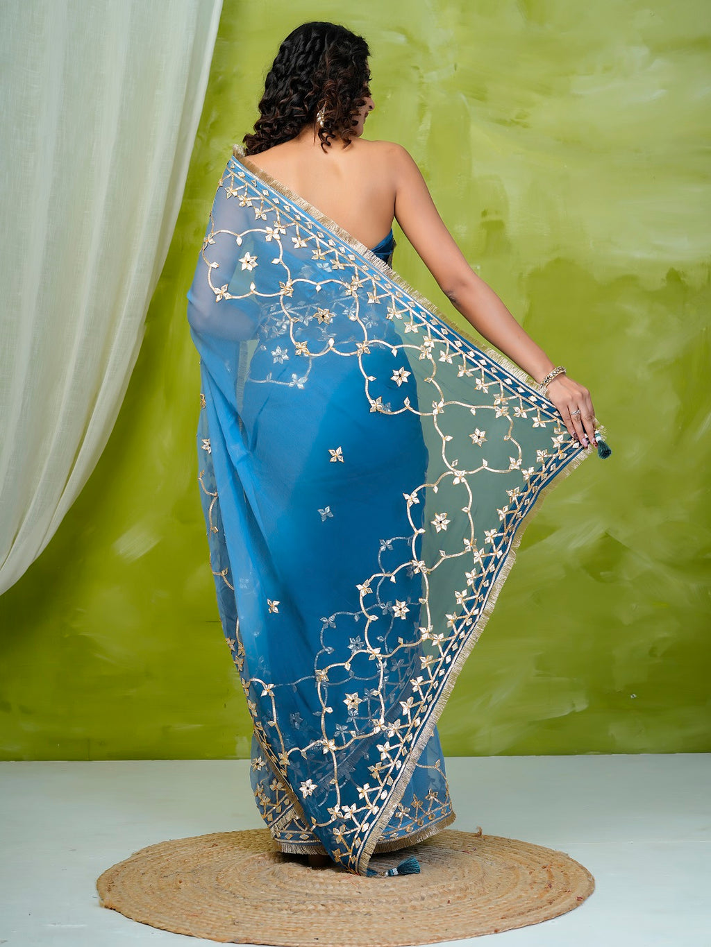Blue Shaded Chiffon Saree with Gota Patti Jaal Work
