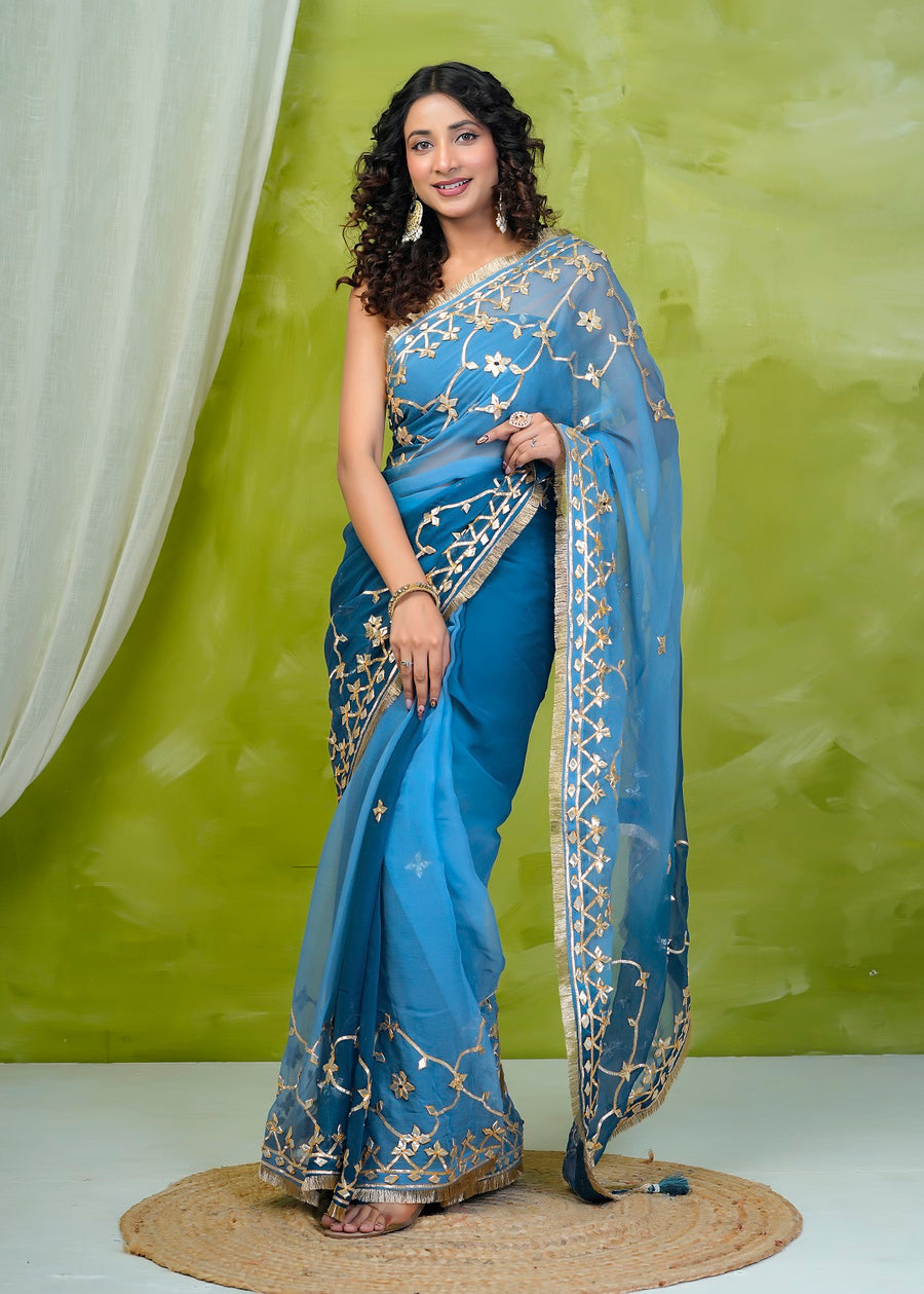 Blue Shaded Chiffon Saree with Gota Patti Jaal Work