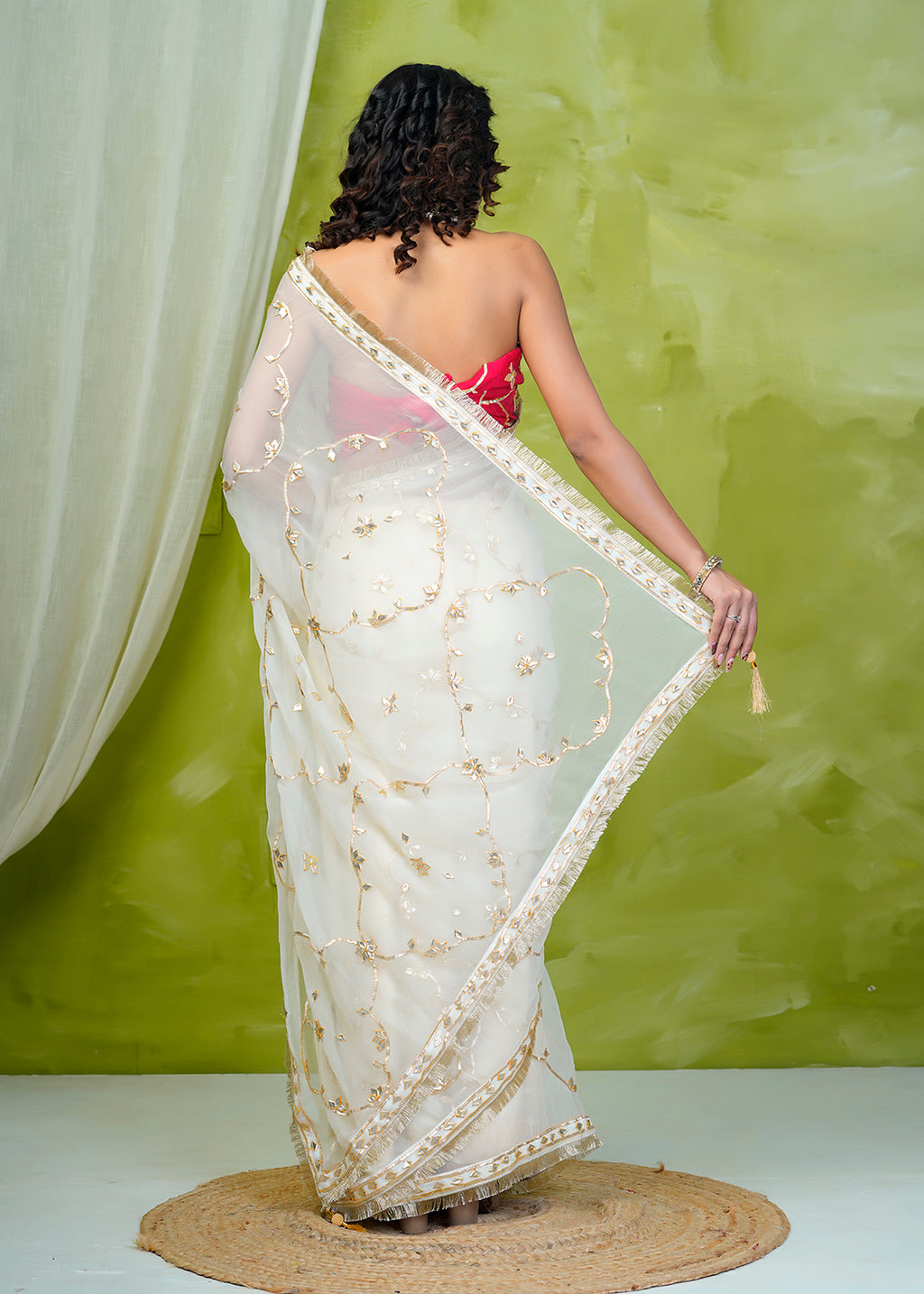 Off White Chiffon Saree with Gota Patti Jaal Work