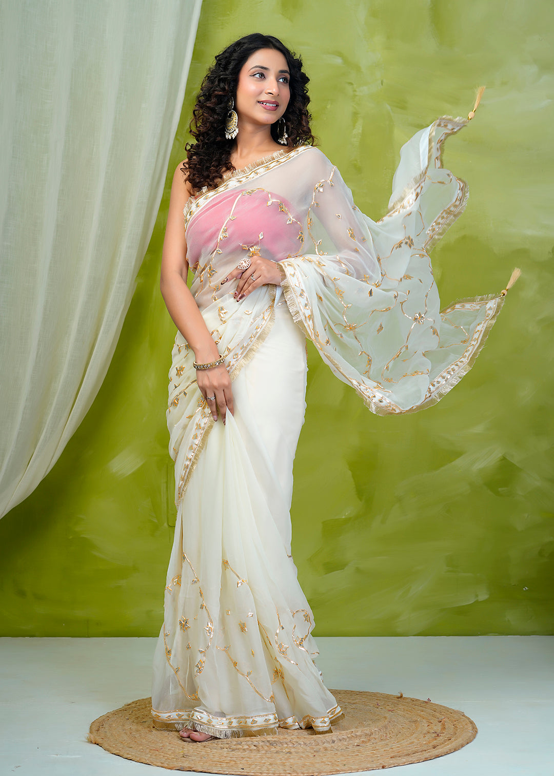 Off White Chiffon Saree with Gota Patti Jaal Work