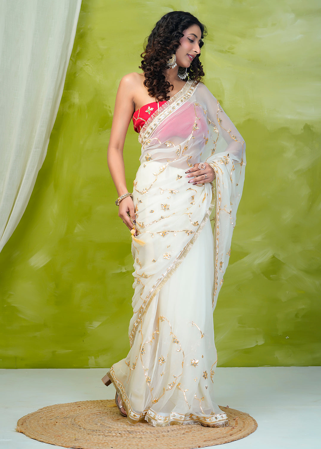 Off White Chiffon Saree with Gota Patti Jaal Work