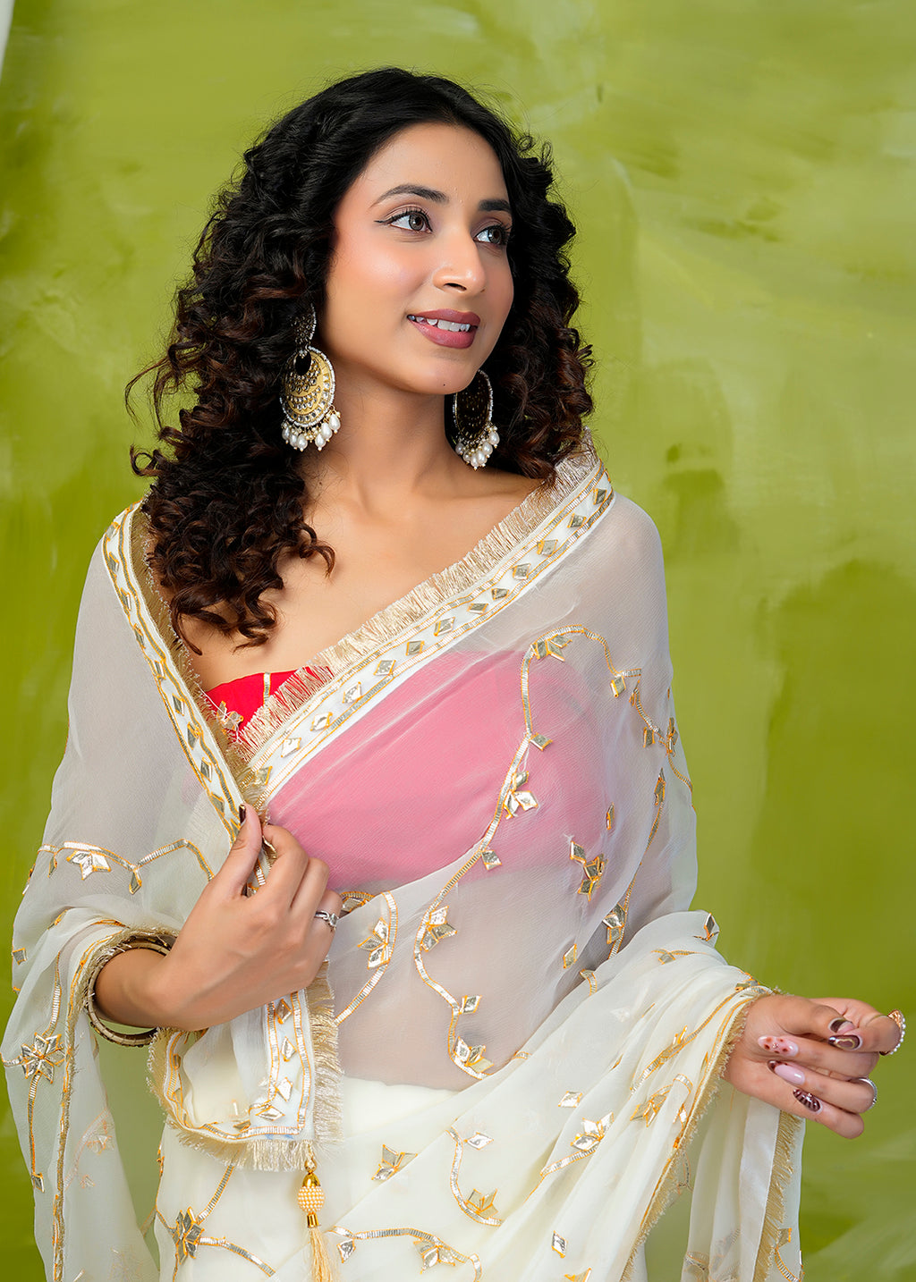 Off White Chiffon Saree with Gota Patti Jaal Work