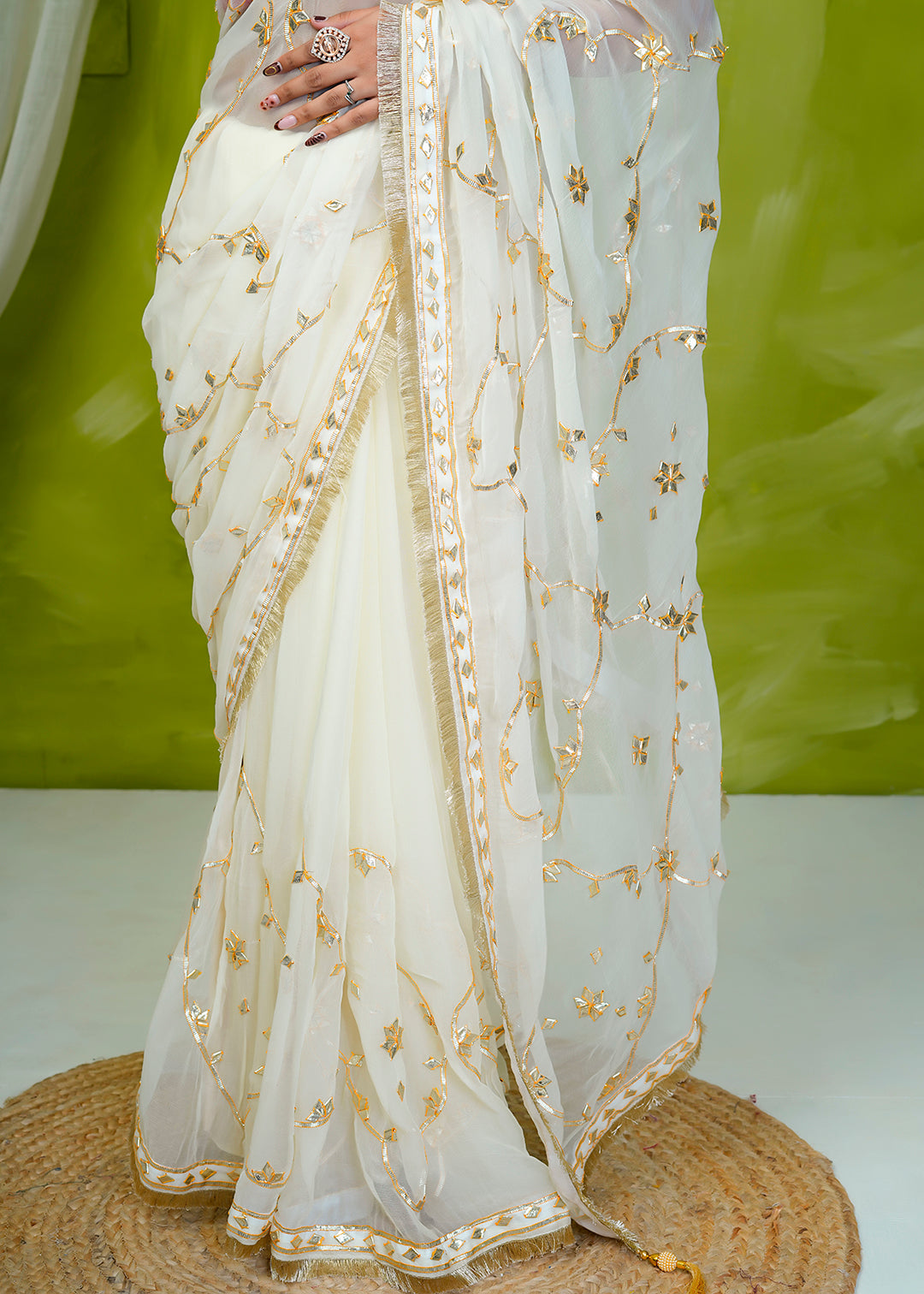 Off White Chiffon Saree with Gota Patti Jaal Work