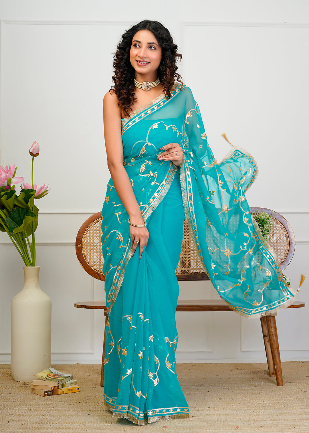 Turquoise Blue Chiffon Saree with Gota Patti Jaal Work