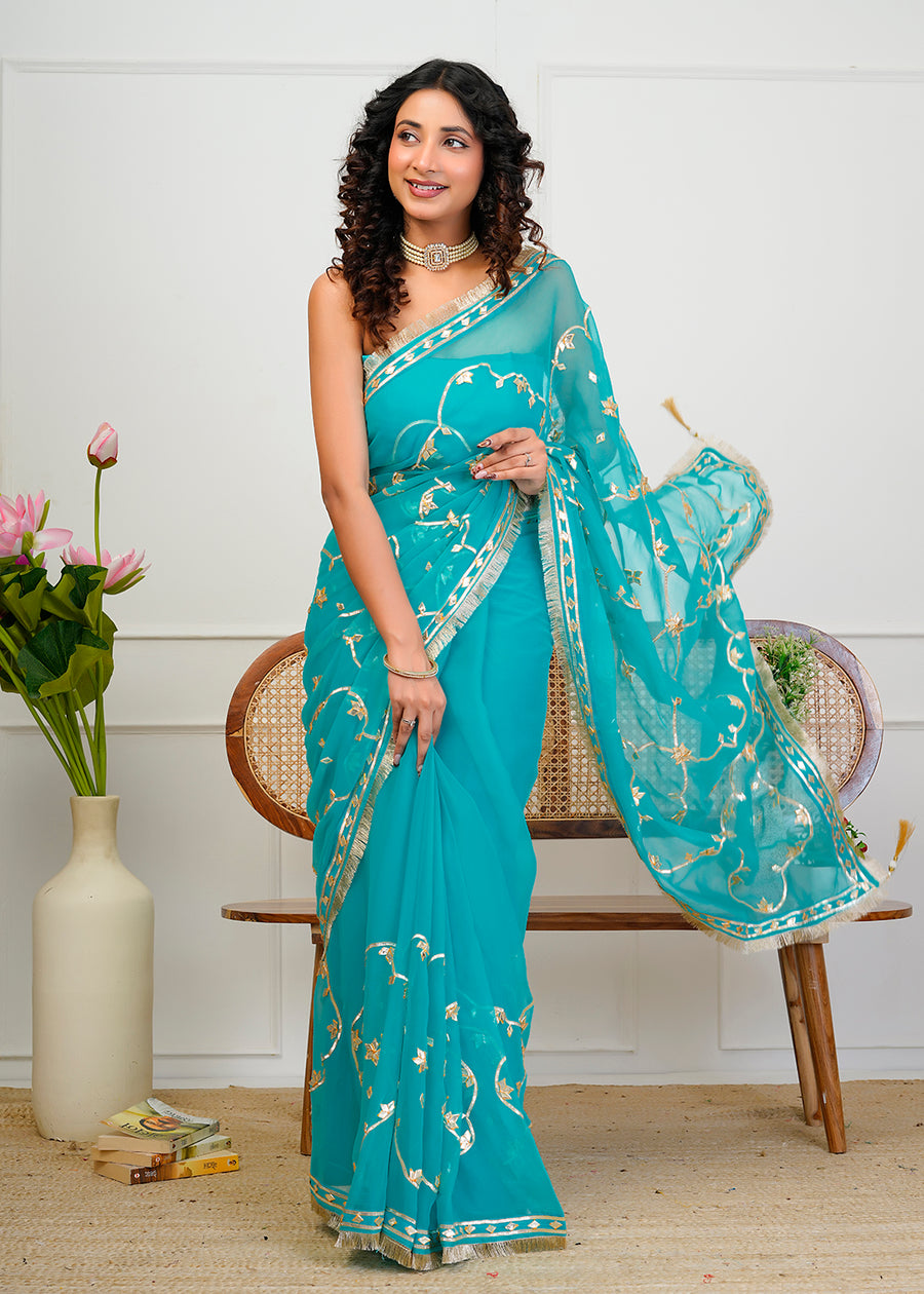 Turquoise Blue Chiffon Saree with Gota Patti Jaal Work