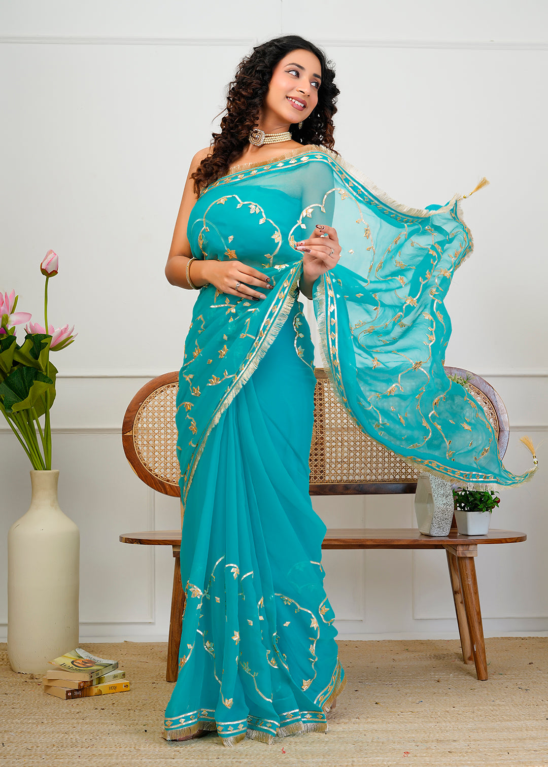 Turquoise Blue Chiffon Saree with Gota Patti Jaal Work