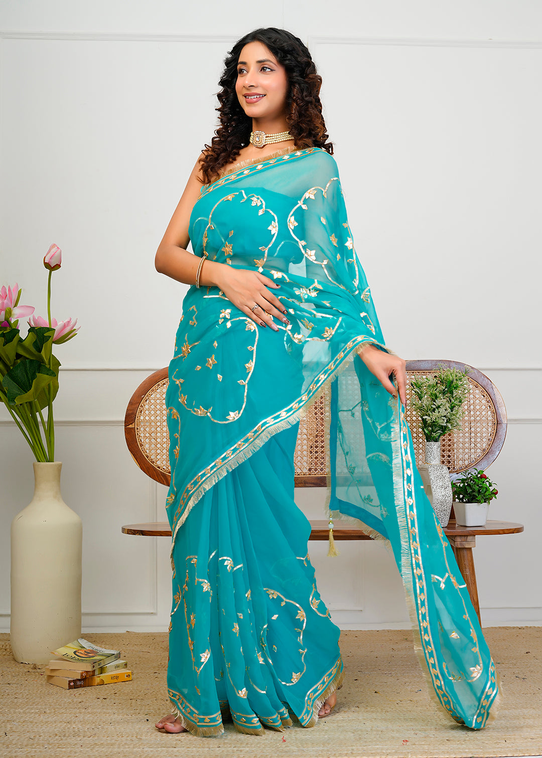 Turquoise Blue Chiffon Saree with Gota Patti Jaal Work