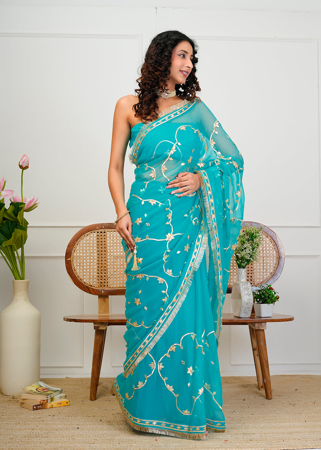 Turquoise Blue Chiffon Saree with Gota Patti Jaal Work