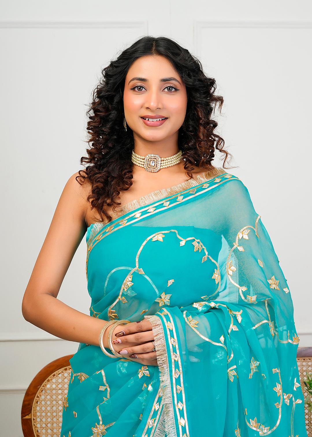 Turquoise Blue Chiffon Saree with Gota Patti Jaal Work