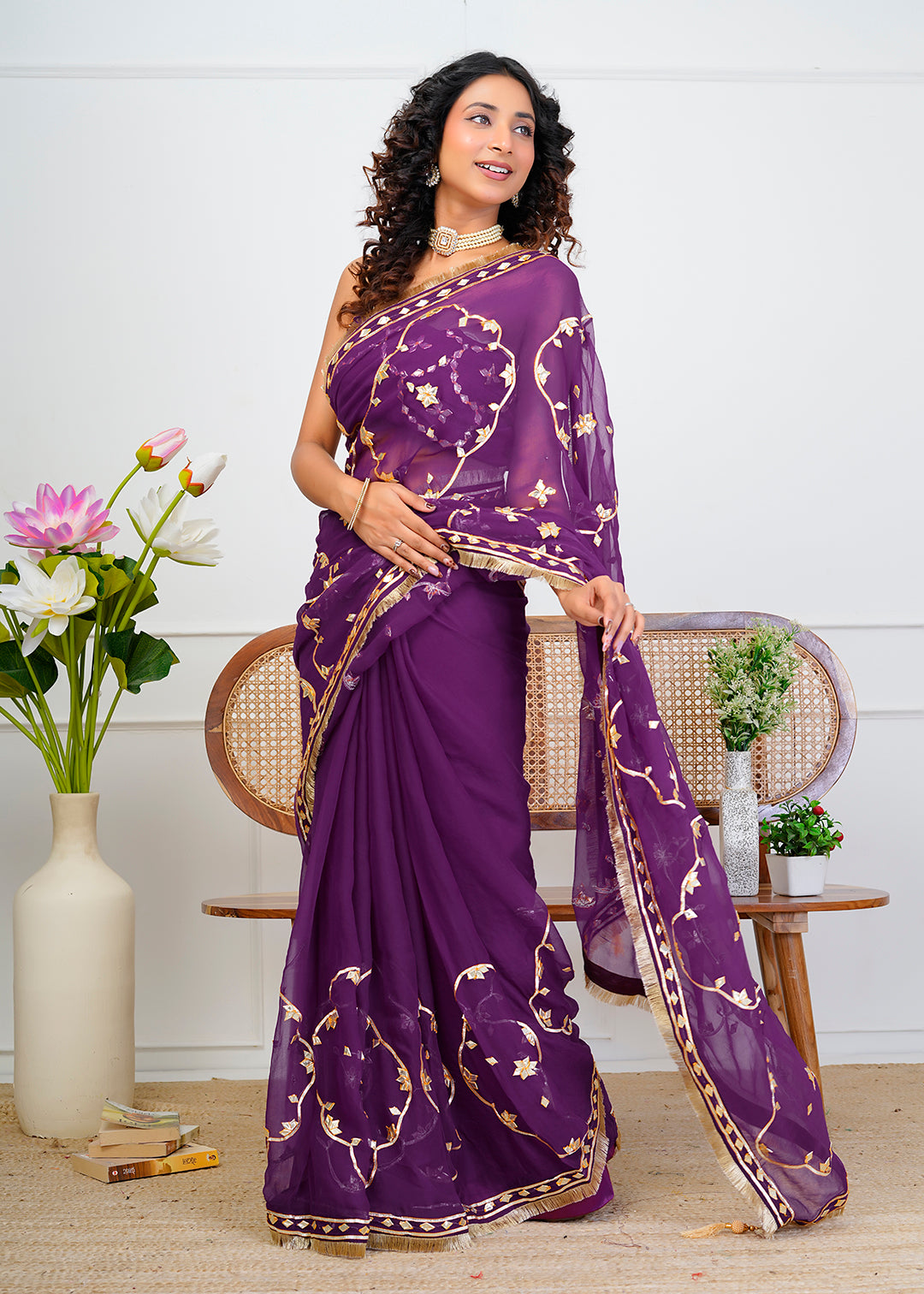 Purple Chiffon Saree with Gota Patti Jaal Work