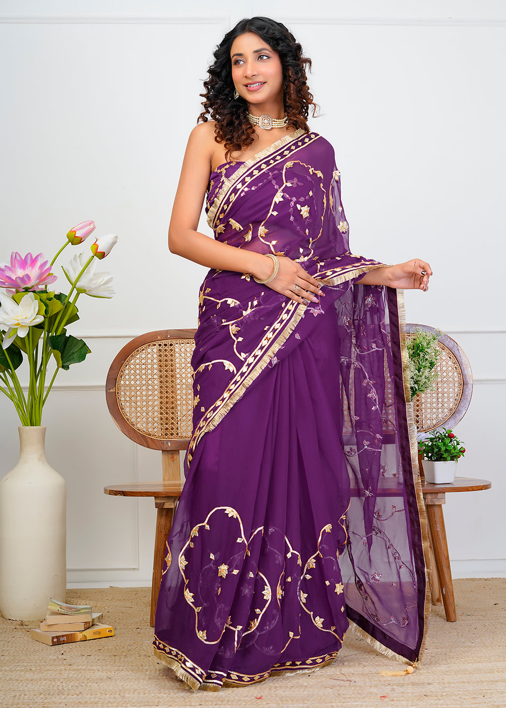 Purple Chiffon Saree with Gota Patti Jaal Work