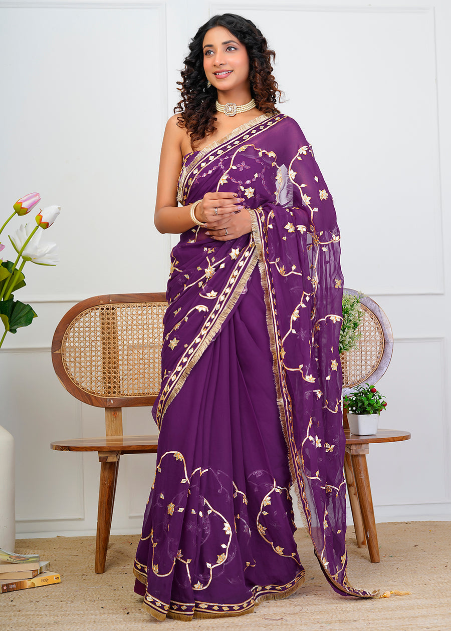 Purple Chiffon Saree with Gota Patti Jaal Work