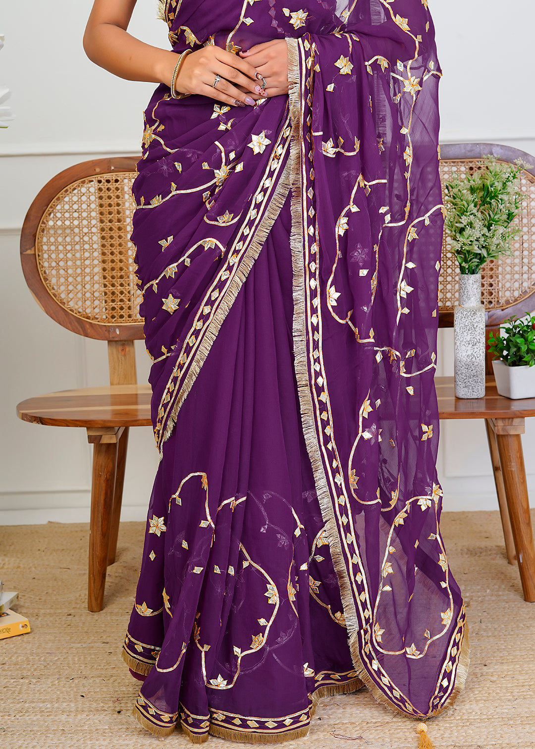 Purple Chiffon Saree with Gota Patti Jaal Work