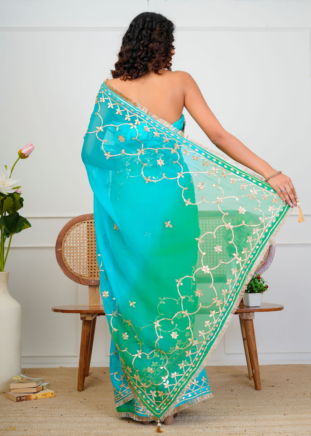 Green & Blue Shaded Chiffon Saree with Gota Patti Jaal Work