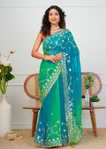 Green & Blue Shaded Chiffon Saree with Gota Patti Jaal Work