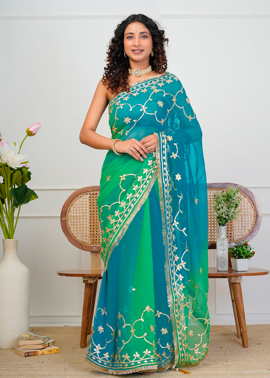 Green & Blue Shaded Chiffon Saree with Gota Patti Jaal Work