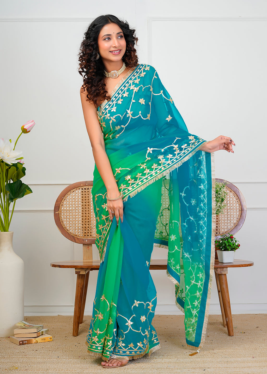Green & Blue Shaded Chiffon Saree with Gota Patti Jaal Work