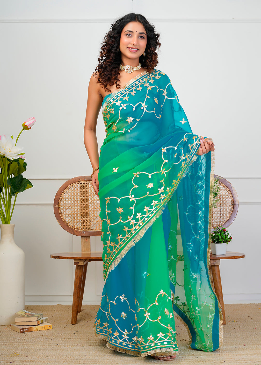 Green & Blue Shaded Chiffon Saree with Gota Patti Jaal Work