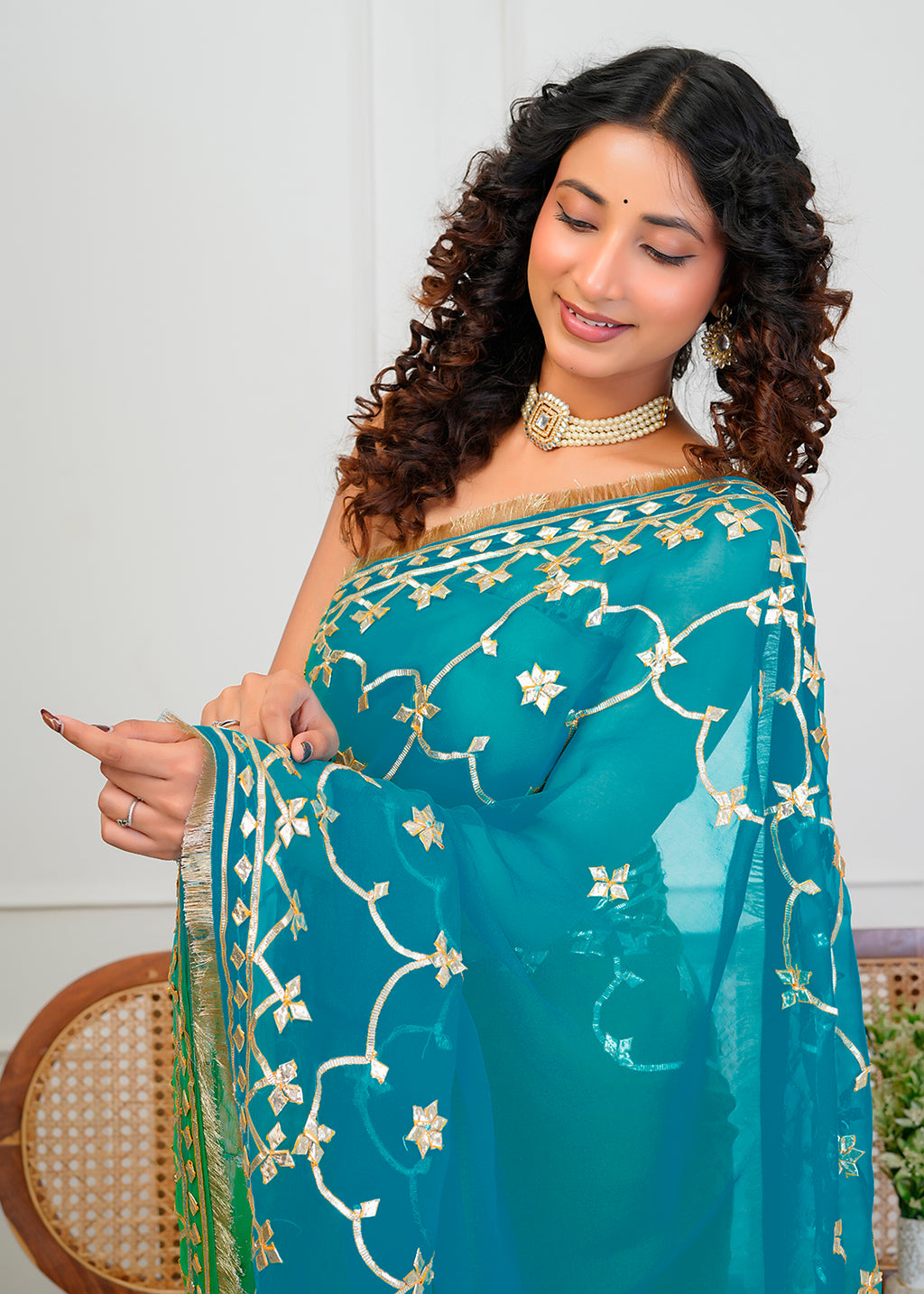 Green & Blue Shaded Chiffon Saree with Gota Patti Jaal Work